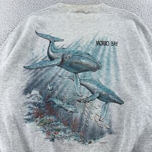 Vintage Sansegal Whale Watch Sweatshirt Mens XL Gray Morro Bay Ocean Graphic 90s